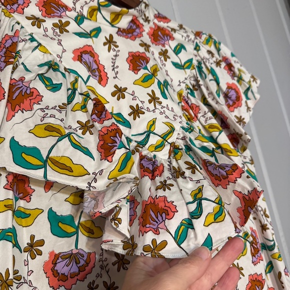 CROSBY BY MOLLIE BURCH woodcut floral sleeveless ruffle front High Neck Top S - Picture 5 of 12